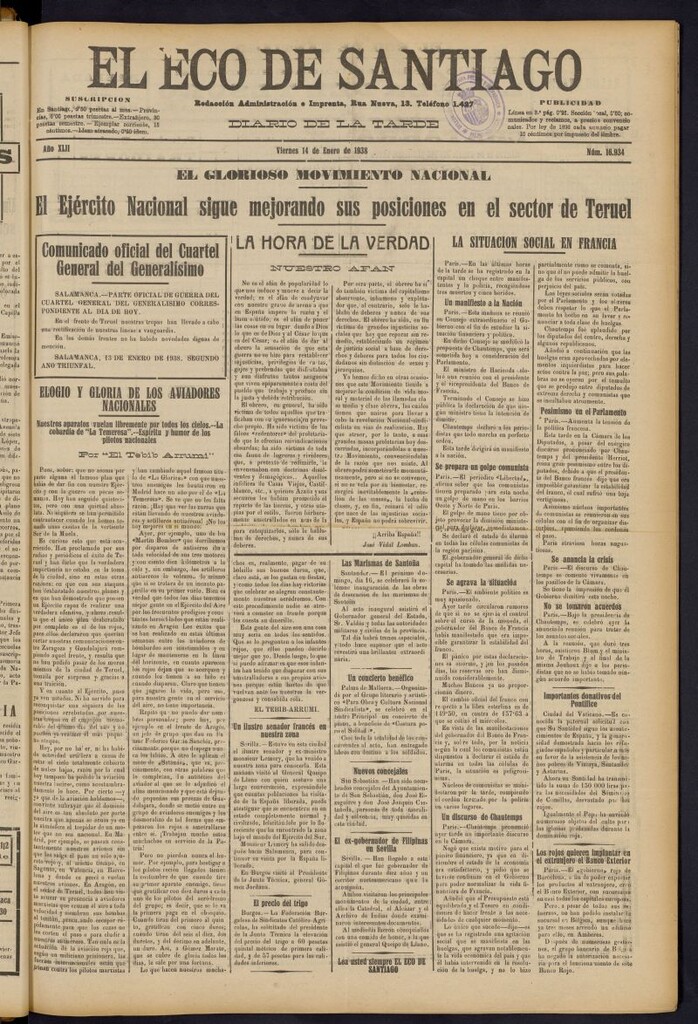 Miniatura de El Eco de Santiago : diario de la tarde del 14 de enero de 1938, nº 16934