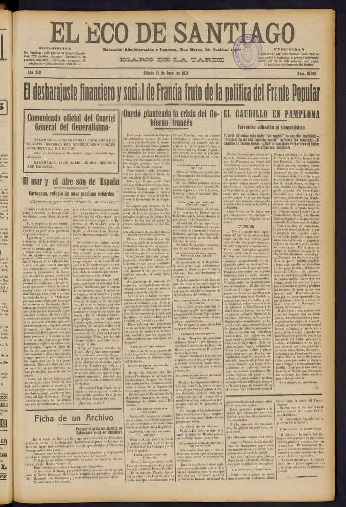Miniatura de El Eco de Santiago : diario de la tarde del 15 de enero de 1938, nº 16935