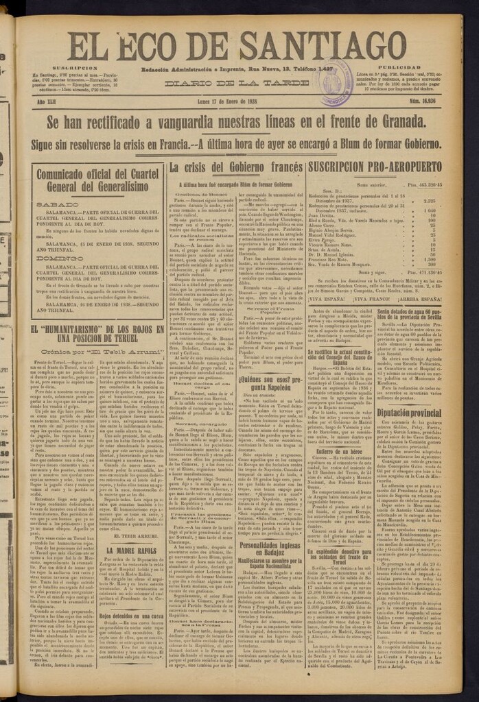 Miniatura de El Eco de Santiago : diario de la tarde del 17 de enero de 1938, nº 16936