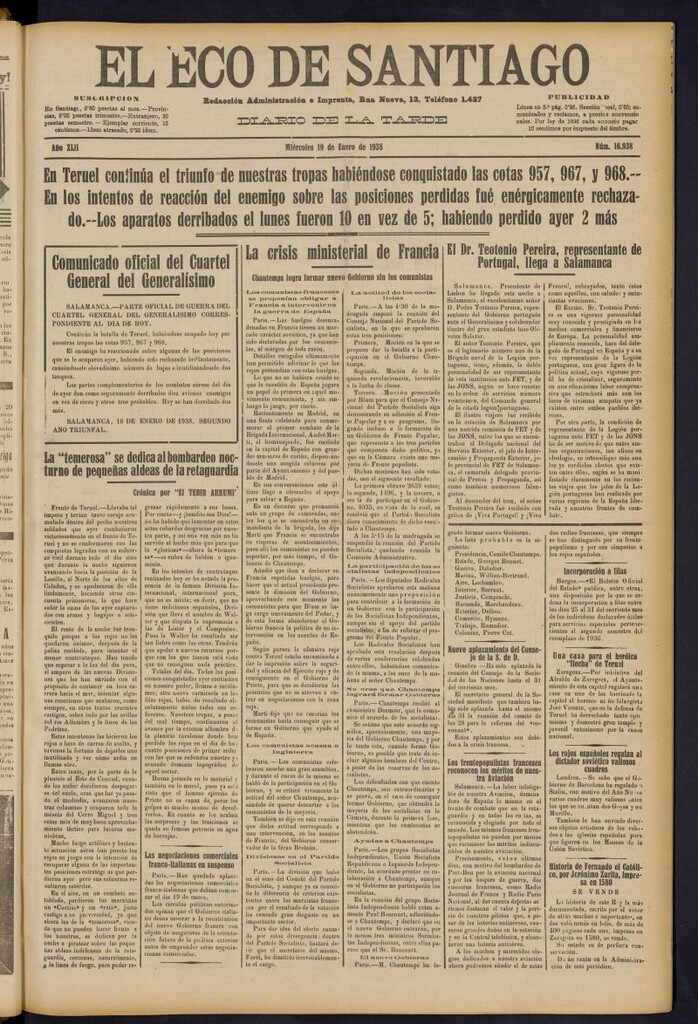 Miniatura de El Eco de Santiago : diario de la tarde del 19 de enero de 1938, nº 16938