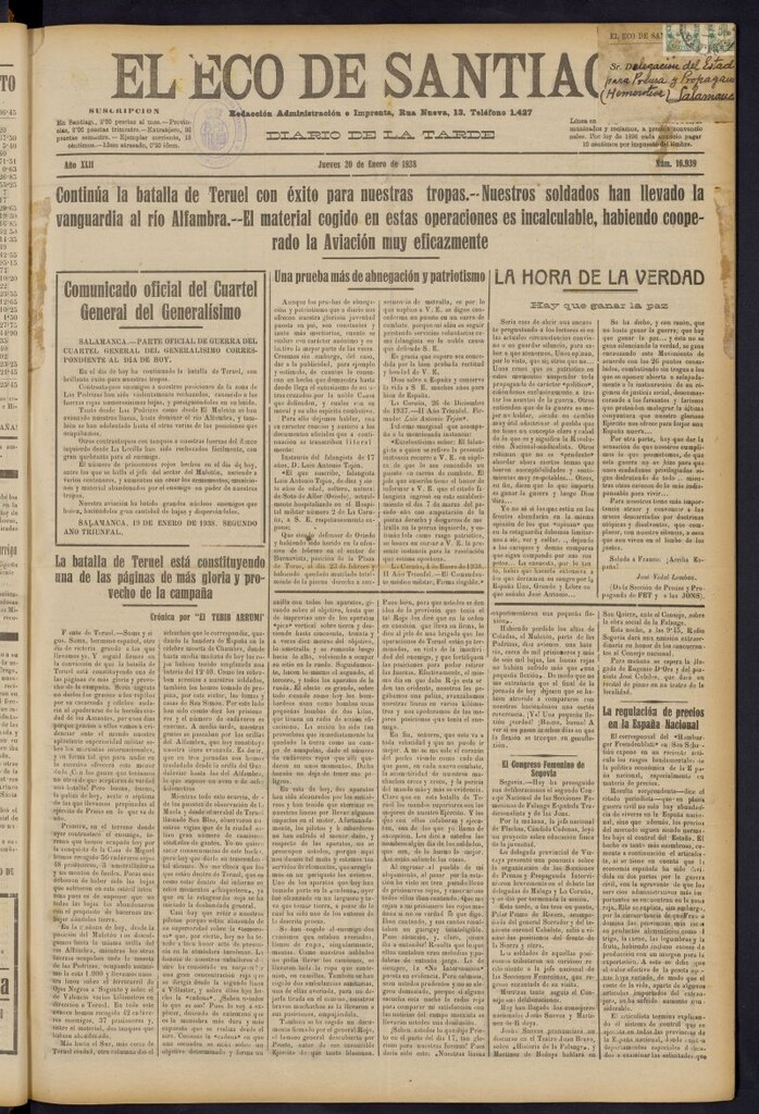 Miniatura de El Eco de Santiago : diario de la tarde del 20 de enero de 1938, nº 16939