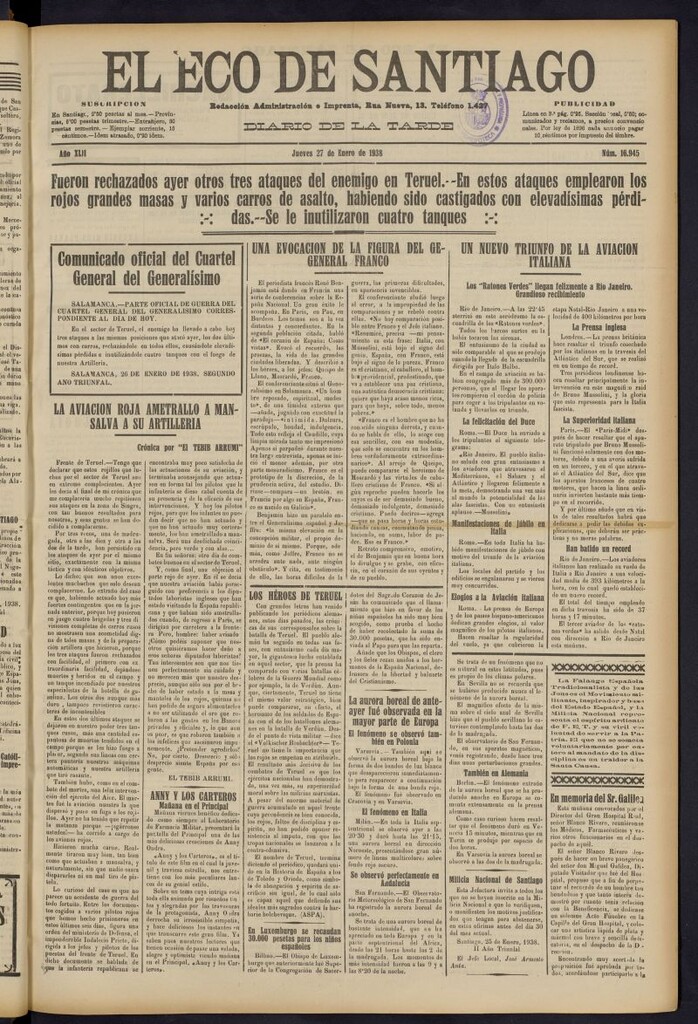Miniatura de El Eco de Santiago : diario de la tarde del 27 de enero de 1938, nº 16945
