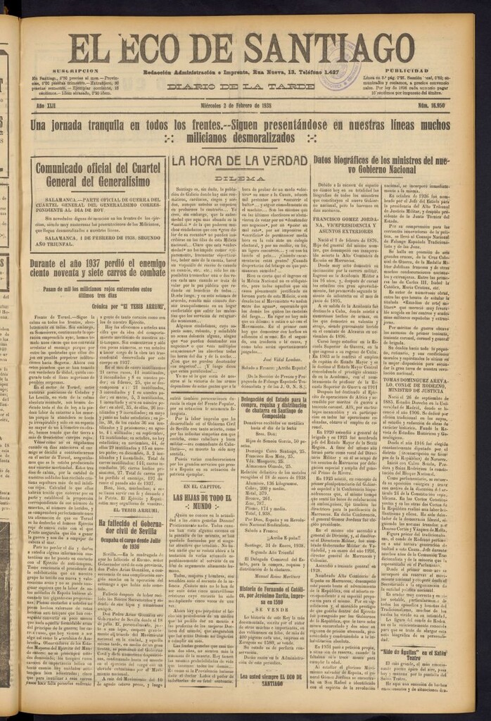 Miniatura de El Eco de Santiago : diario de la tarde del 2 de febrero de 1938, nº 16950