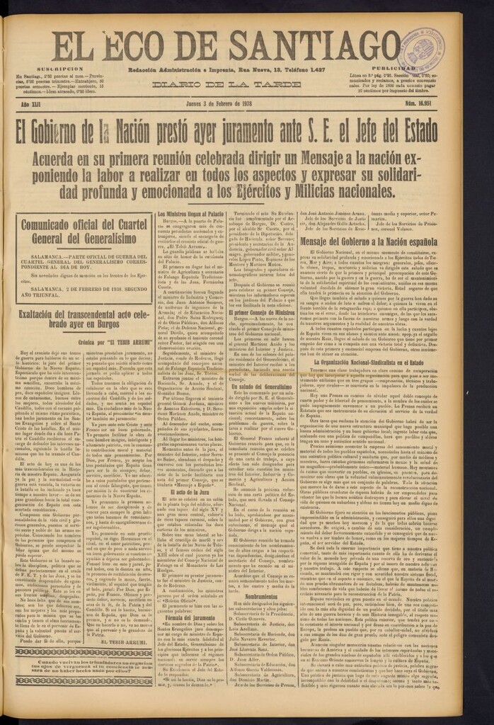Miniatura de El Eco de Santiago : diario de la tarde del 3 de febrero de 1938, nº 16951