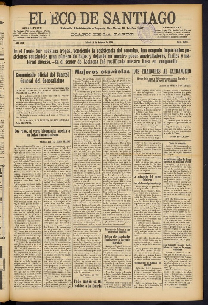 Miniatura de El Eco de Santiago : diario de la tarde del 5 de febrero de 1938, nº 16953