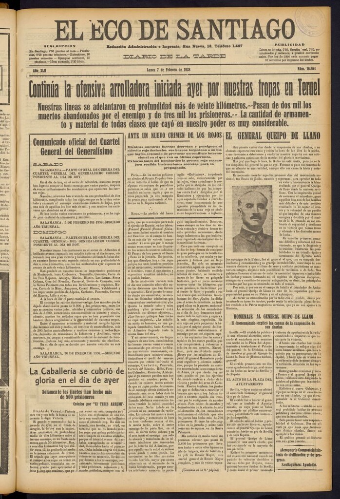 Miniatura de El Eco de Santiago : diario de la tarde del 7 de febrero de 1938, nº 16954