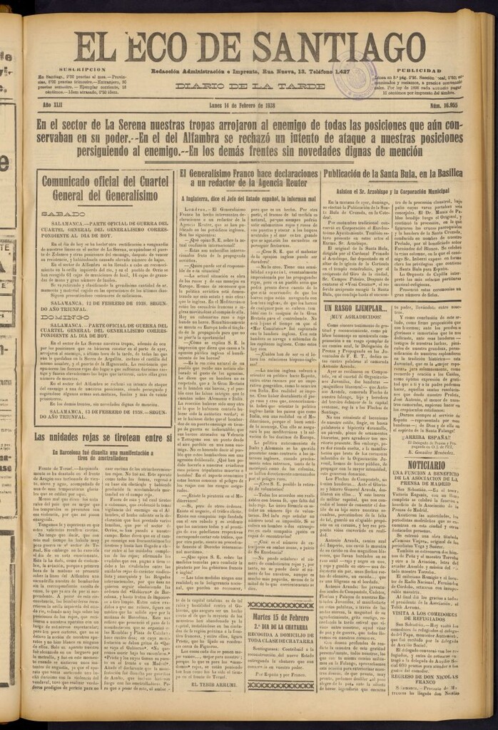 Miniatura de El Eco de Santiago : diario de la tarde del 14 de febrero de 1938, nº 16955