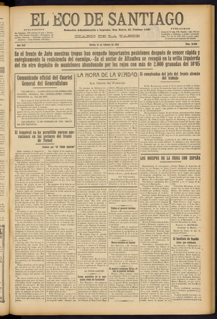Miniatura de El Eco de Santiago : diario de la tarde del 15 de febrero de 1938, nº 16956