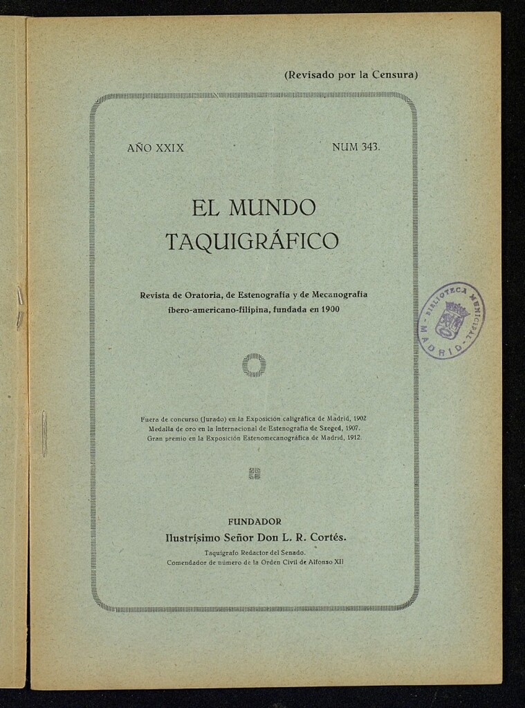 Miniatura de El Mundo Taquigráfico: revista mensual hispano-americana de oratoria y de estenografía. Octubre de 1928, nº 343
