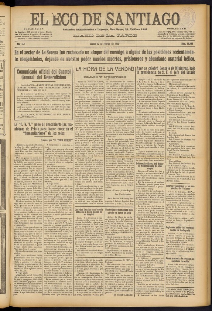 Miniatura de El Eco de Santiago : diario de la tarde del 17 de febrero de 1938, nº 16958