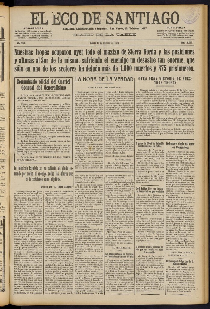 Miniatura de El Eco de Santiago : diario de la tarde del 19 de febrero de 1938, nº 16960