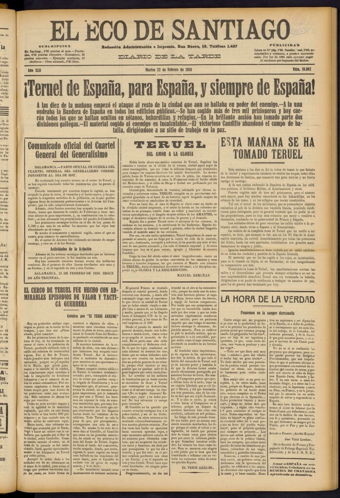 Miniatura de El Eco de Santiago : diario de la tarde del 22 de febrero de 1938, nº 16962