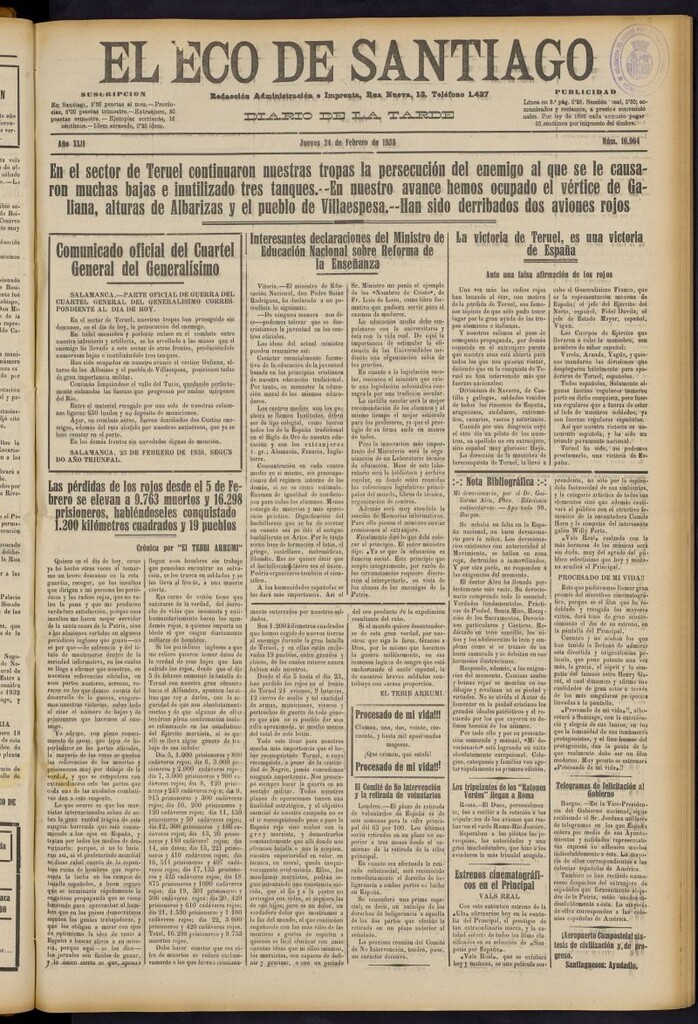 Miniatura de El Eco de Santiago : diario de la tarde del 24 de febrero de 1938, nº 16964