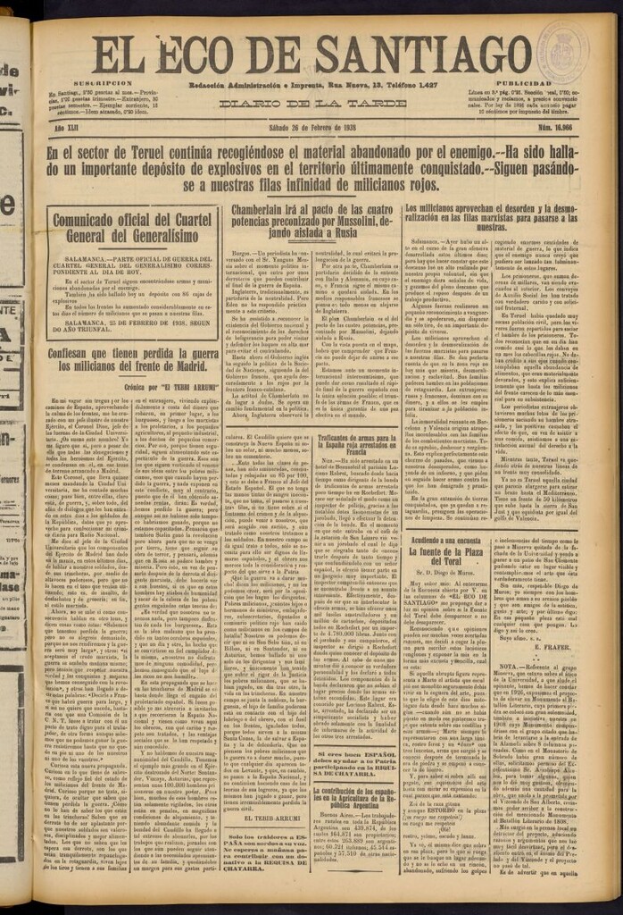 Miniatura de El Eco de Santiago : diario de la tarde del 26 de febrero de 1938, nº 16966