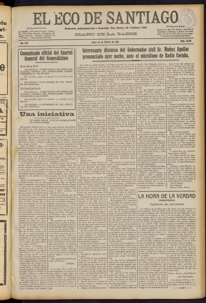 Miniatura de El Eco de Santiago : diario de la tarde del 28 de febrero de 1938, nº 16967