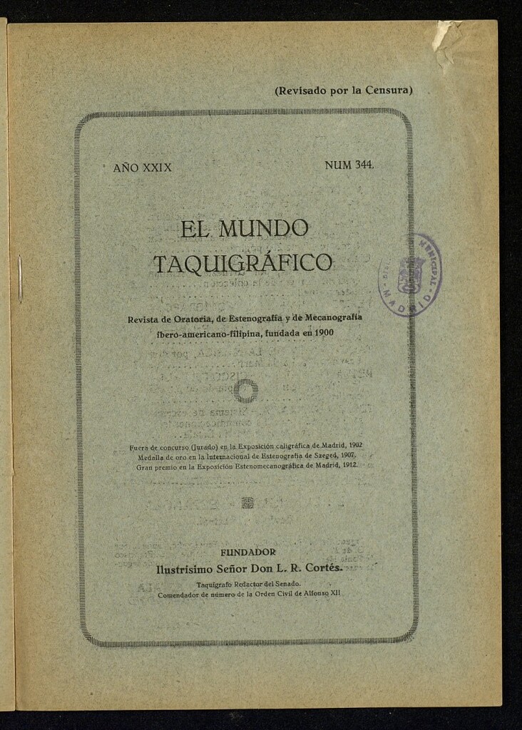 Miniatura de El Mundo Taquigráfico: revista mensual hispano-americana de oratoria y de estenografía. Noviembre de 1928, nº 344