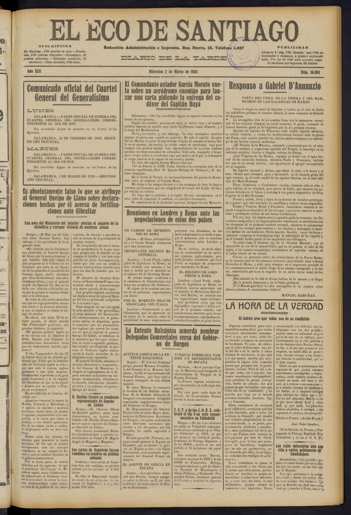 Miniatura de El Eco de Santiago : diario de la tarde del 2 de marzo de 1938, nº 16968