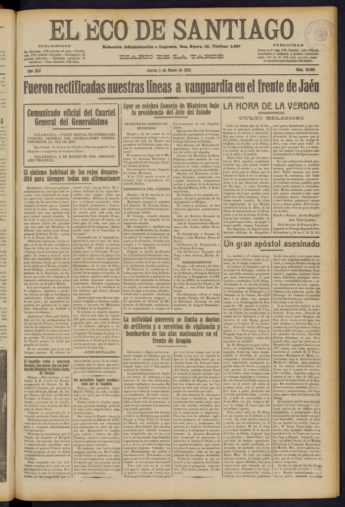 Miniatura de El Eco de Santiago : diario de la tarde del 3 de marzo de 1938, nº 16969
