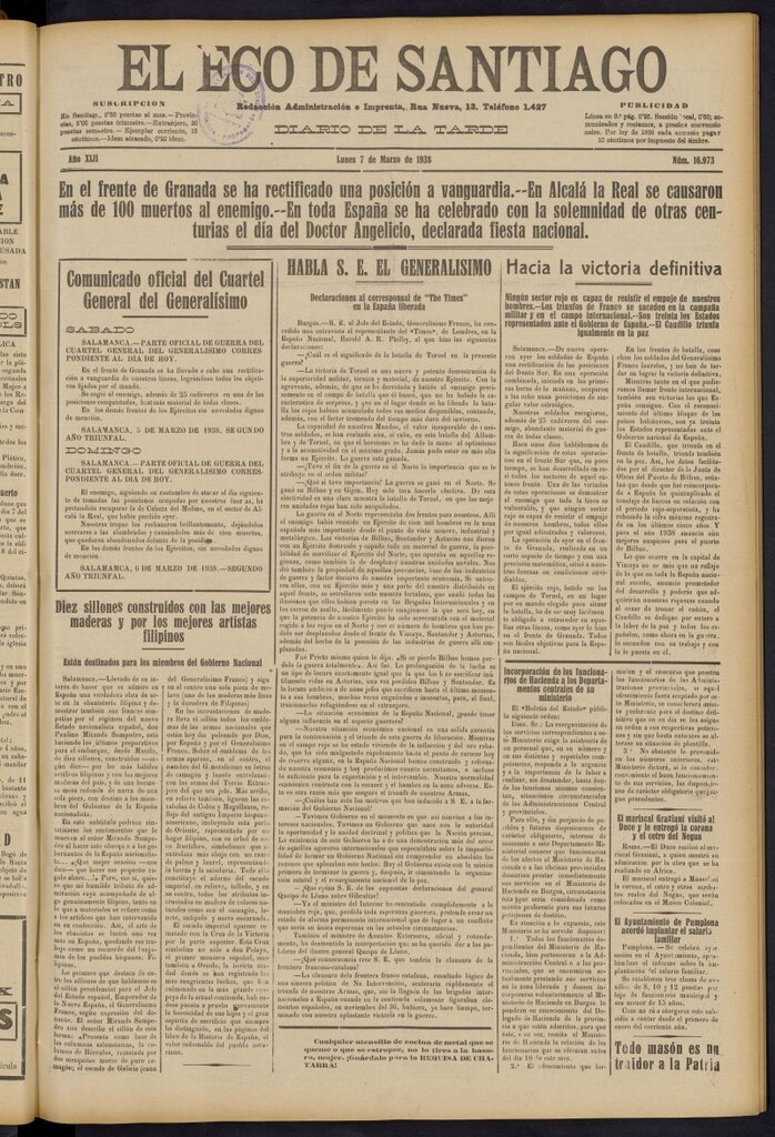 Miniatura de El Eco de Santiago : diario de la tarde del 7 de marzo de 1938, nº 16973