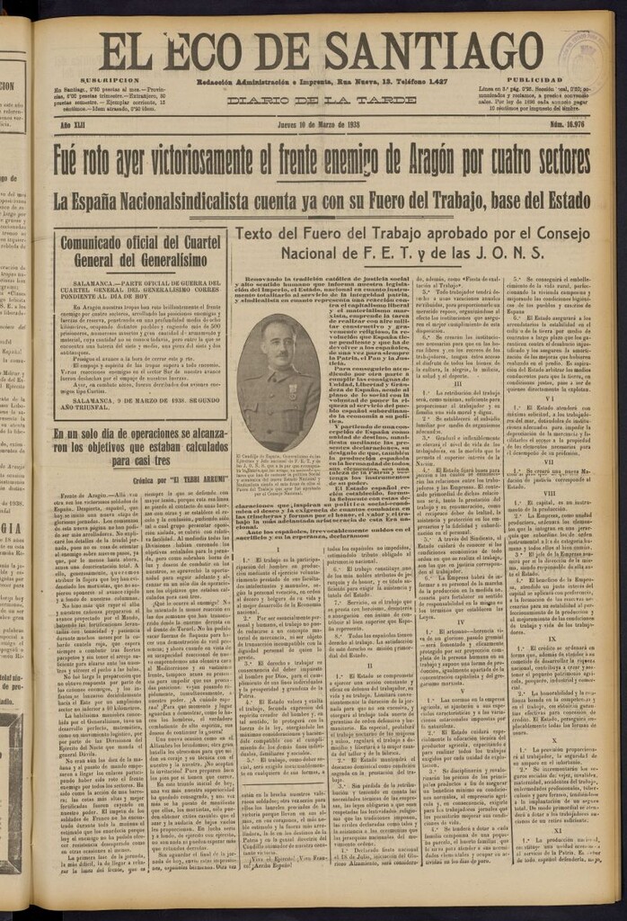 Miniatura de El Eco de Santiago : diario de la tarde del 10 de marzo de 1938, nº 16976