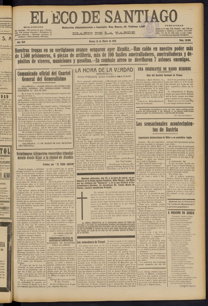 Miniatura de El Eco de Santiago : diario de la tarde del 15 de marzo de 1938, nº 16980