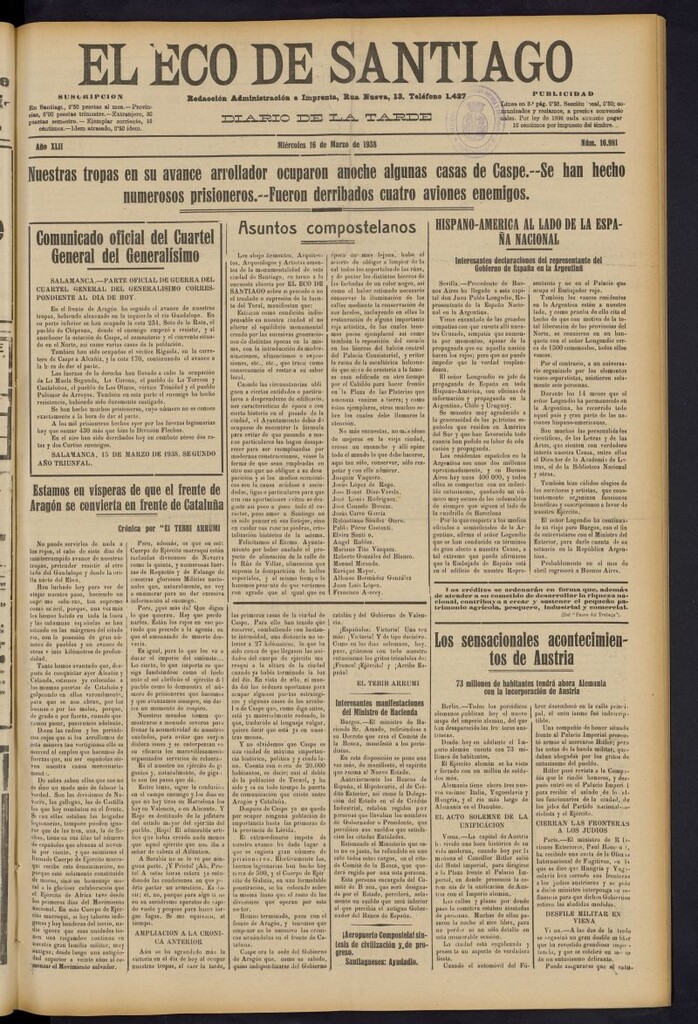 Miniatura de El Eco de Santiago : diario de la tarde del 16 de marzo de 1938, nº 16981
