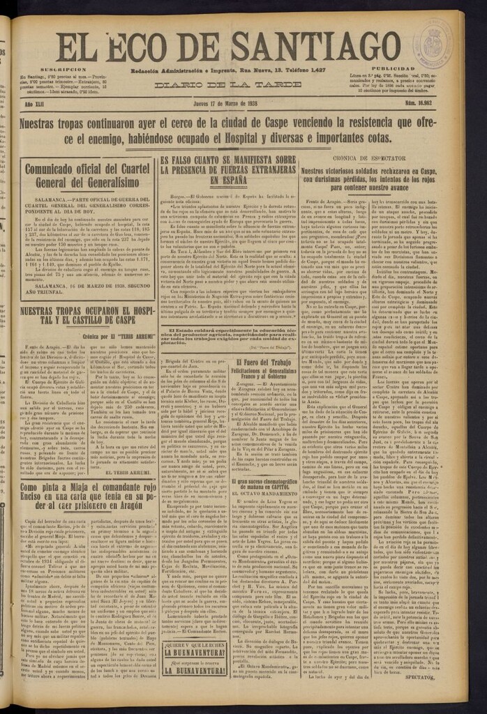 Miniatura de El Eco de Santiago : diario de la tarde del 17 de marzo de 1938, nº 16982