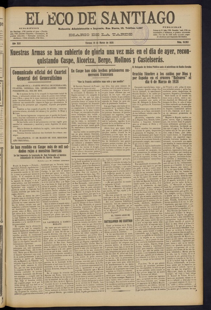 Miniatura de El Eco de Santiago : diario de la tarde del 18 de marzo de 1938, nº 16983
