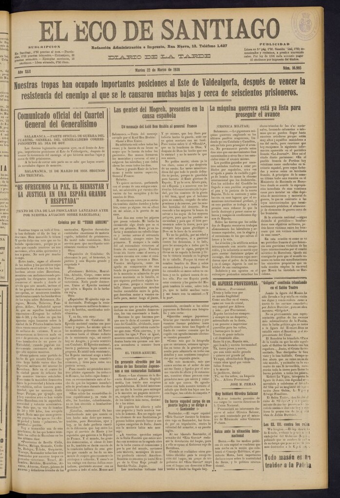 Miniatura de El Eco de Santiago : diario de la tarde del 22 de marzo de 1938, nº 16985