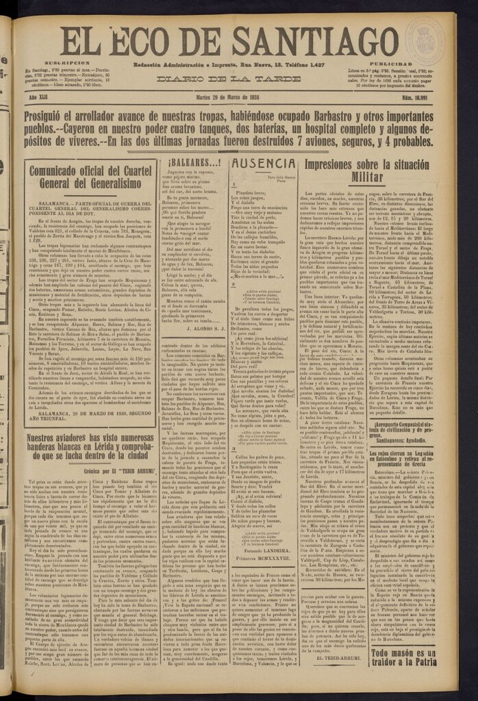 Miniatura de El Eco de Santiago : diario de la tarde del 29 de marzo de 1938, nº 16991