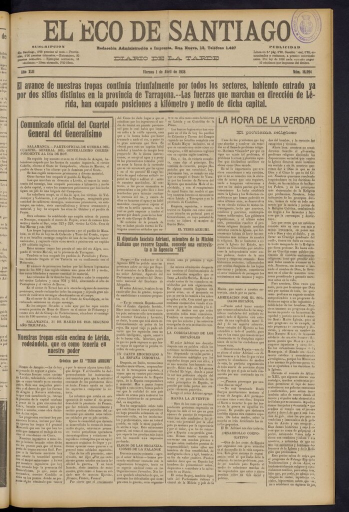 Miniatura de El Eco de Santiago : diario de la tarde del 1 de abril de 1938, nº 16994