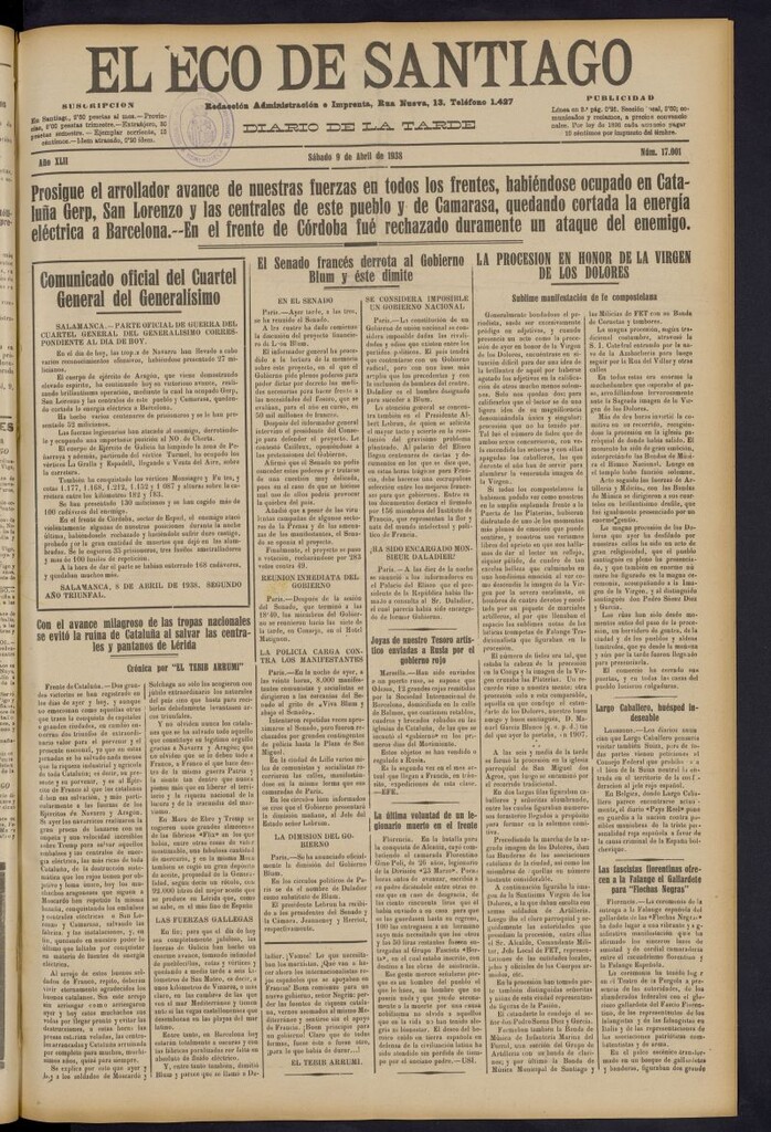 Miniatura de El Eco de Santiago : diario de la tarde del 9 de abril de 1938, nº 17001