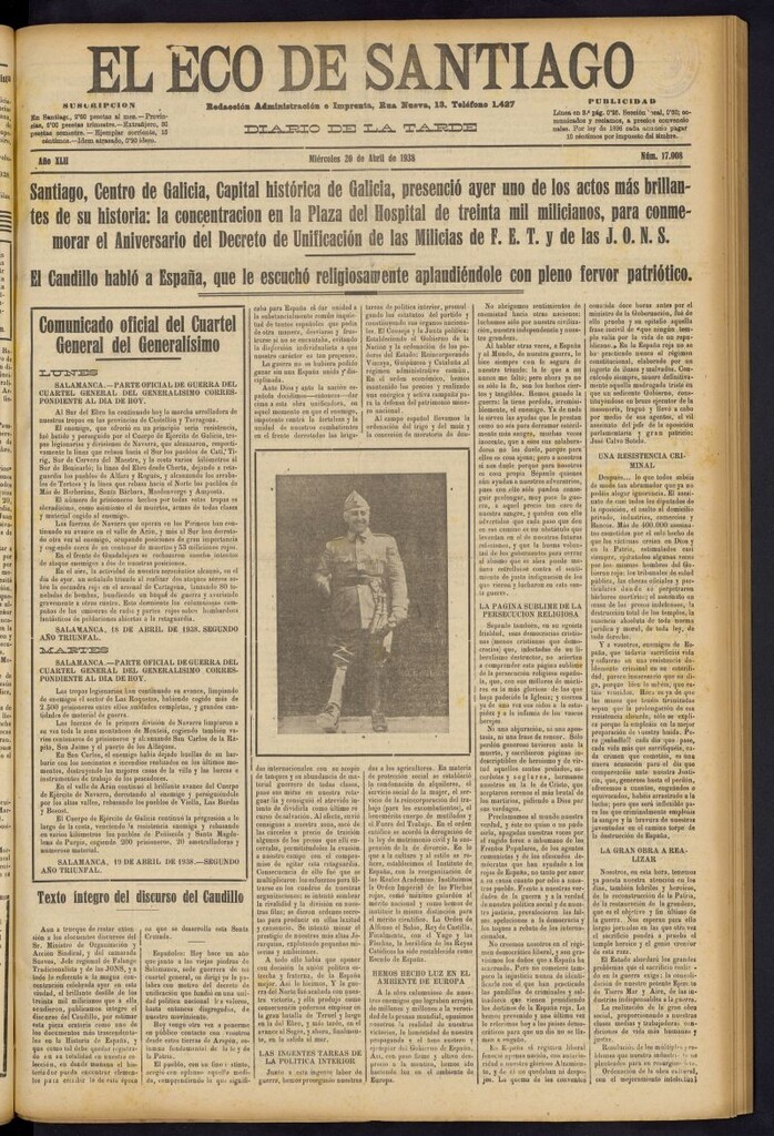 Miniatura de El Eco de Santiago : diario de la tarde del 20 de abril de 1938, nº 17008