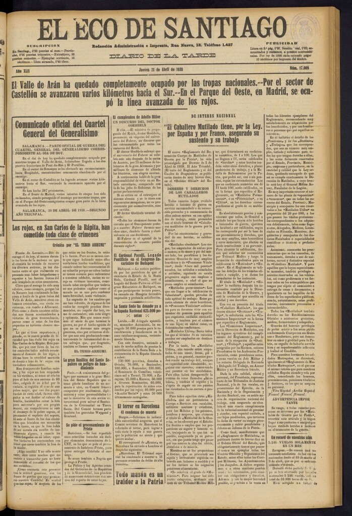 Miniatura de El Eco de Santiago : diario de la tarde del 21 de abril de 1938, nº 17009