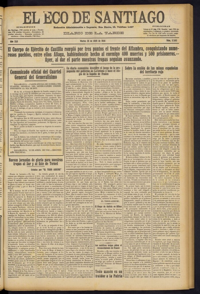 Miniatura de El Eco de Santiago : diario de la tarde del 26 de abril de 1938, nº 17013