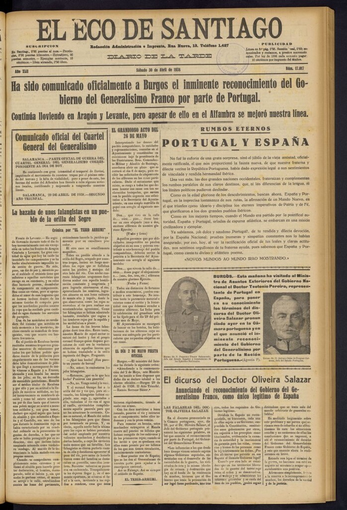 Miniatura de El Eco de Santiago : diario de la tarde del 30 de abril de 1938, nº 17017