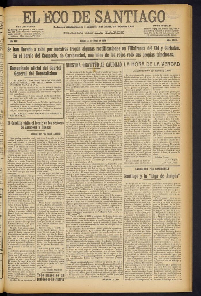 Miniatura de El Eco de Santiago : diario de la tarde del 21 de mayo de 1938, nº 17035