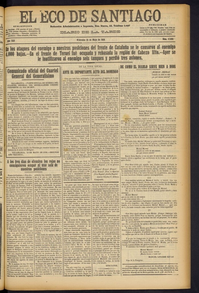 Miniatura de El Eco de Santiago : diario de la tarde del 25 de mayo de 1938, nº 17038