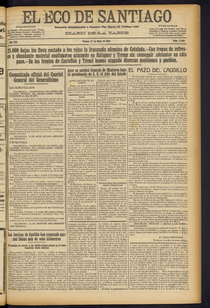 Miniatura de El Eco de Santiago : diario de la tarde del 27 de mayo de 1938, nº 17039