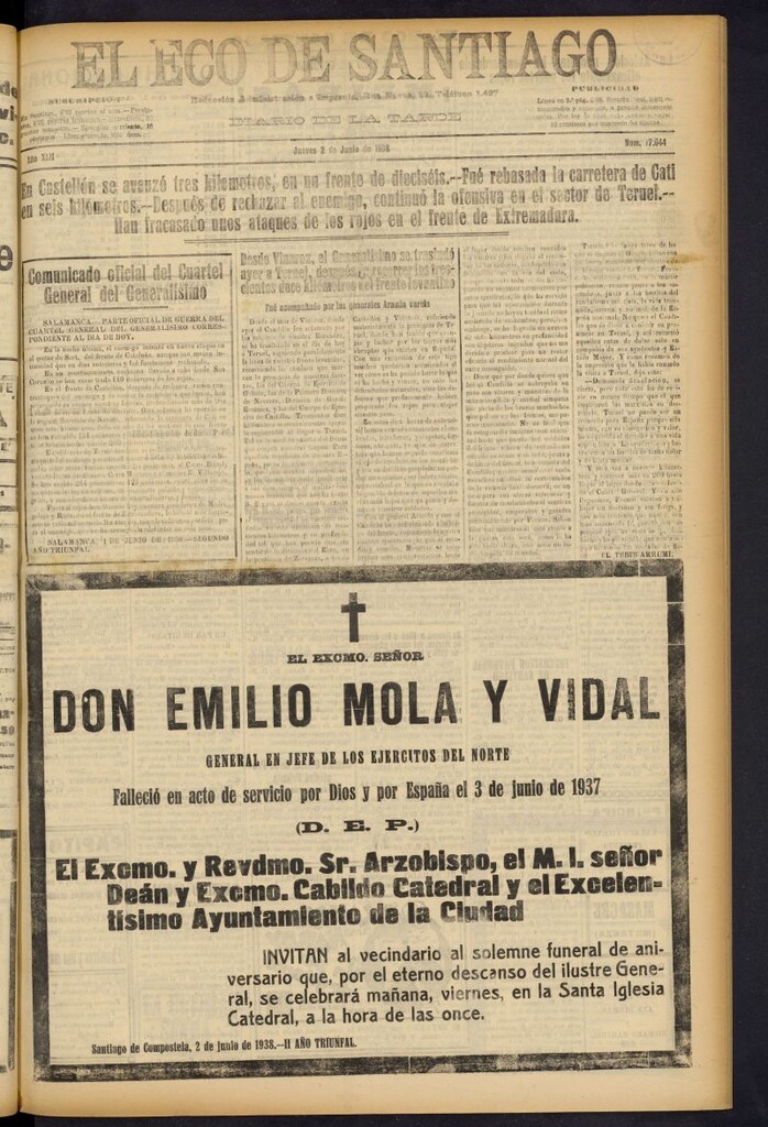 Miniatura de El Eco de Santiago : diario de la tarde del 2 de junio de 1938, nº 17044