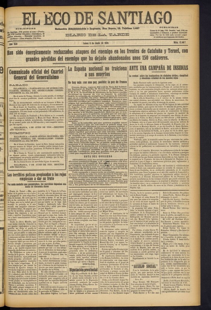 Miniatura de El Eco de Santiago : diario de la tarde del 6 de junio de 1938, nº 17407 [sic]