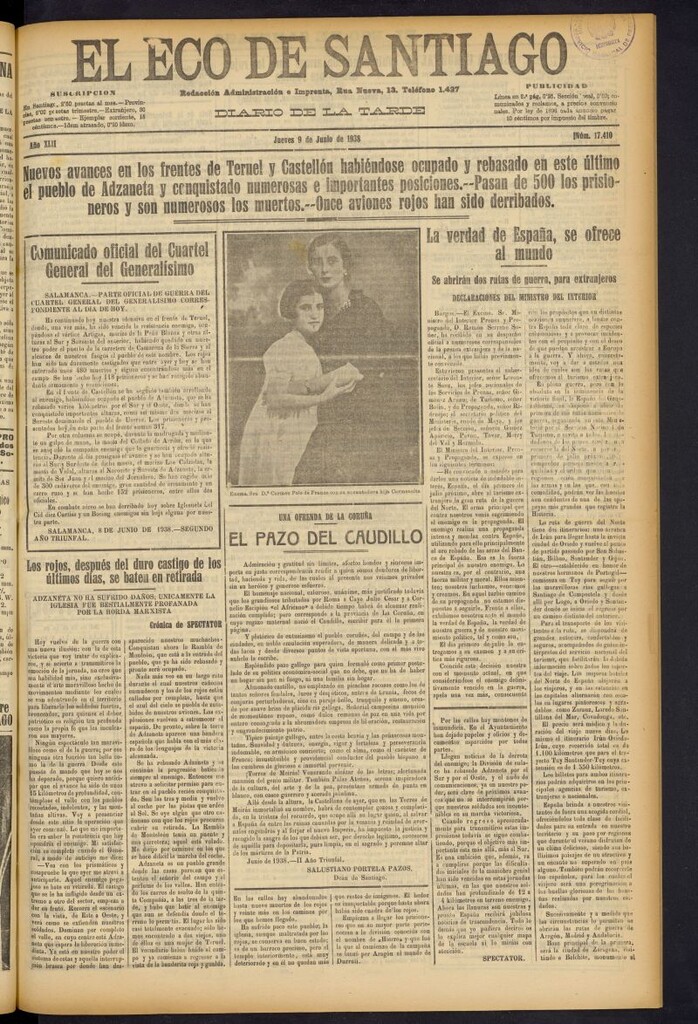 Miniatura de El Eco de Santiago : diario de la tarde del 9 de junio de 1938, nº 17410
