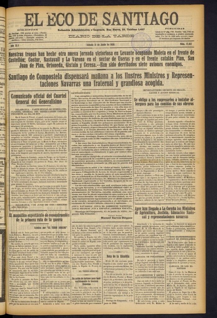 Miniatura de El Eco de Santiago : diario de la tarde del 11 de junio de 1938, nº 17412