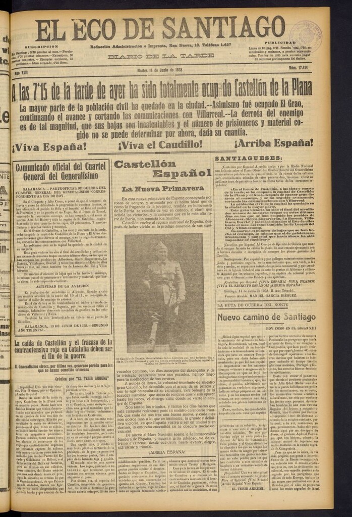 Miniatura de El Eco de Santiago : diario de la tarde del 14 de junio de 1938, nº 17414