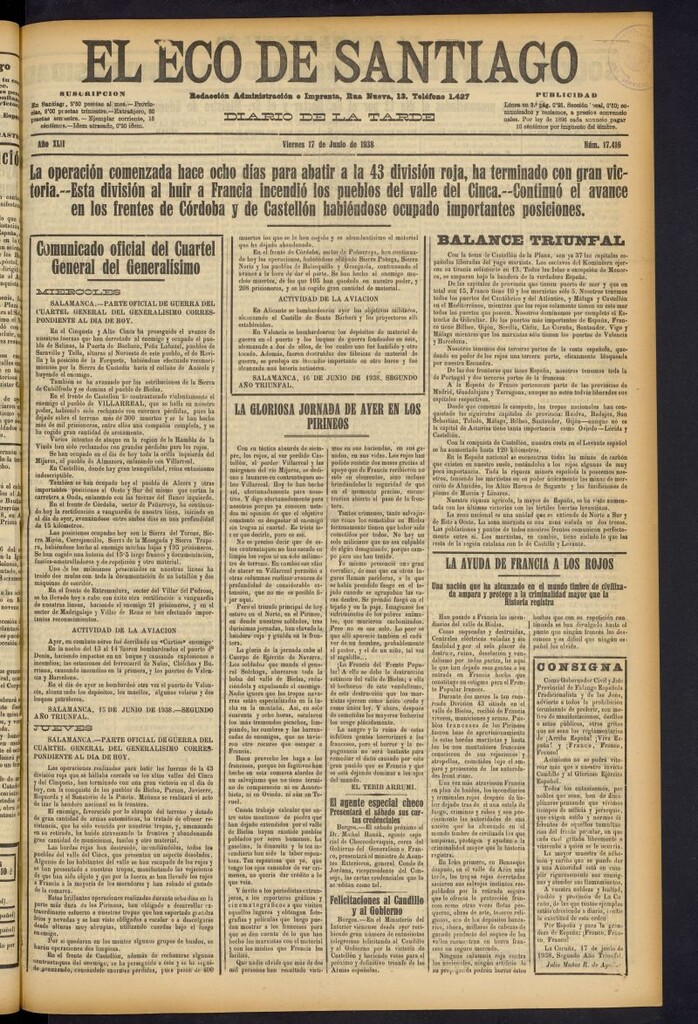 Miniatura de El Eco de Santiago : diario de la tarde del 17 de junio de 1938, nº 17416