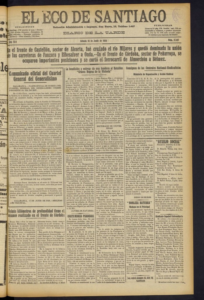 Miniatura de El Eco de Santiago : diario de la tarde del 18 de junio de 1938, nº 17417