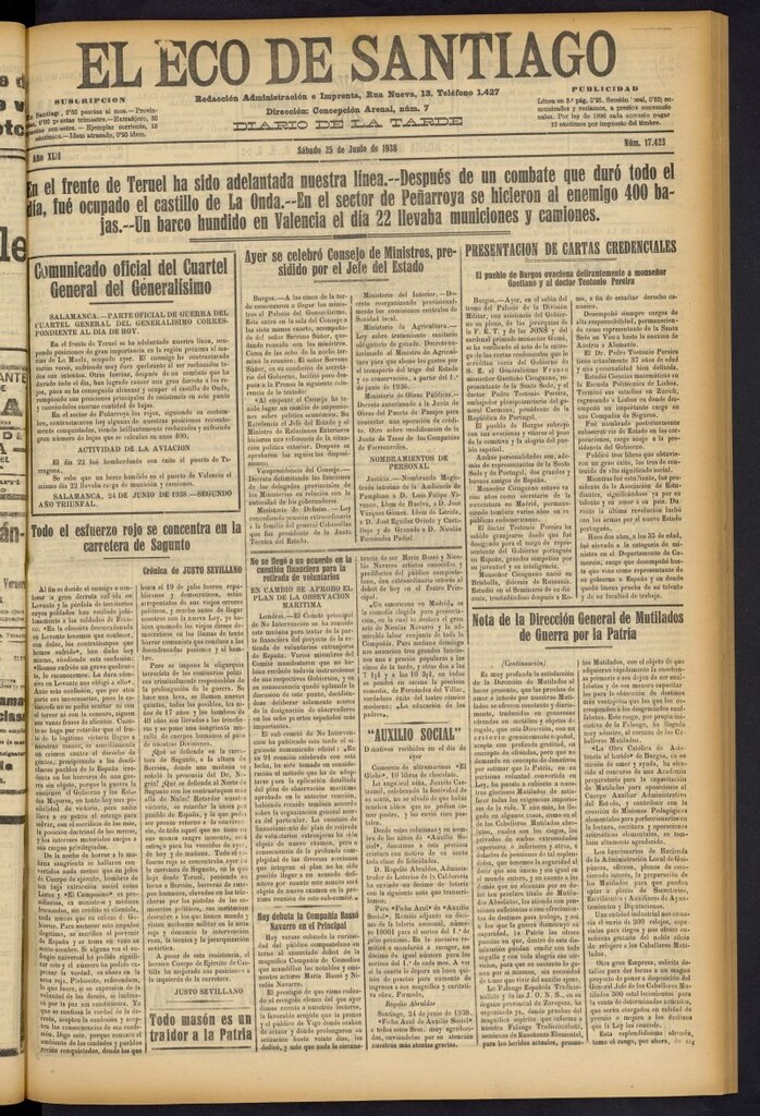 Miniatura de El Eco de Santiago : diario de la tarde del 25 de junio de 1938, nº 17423