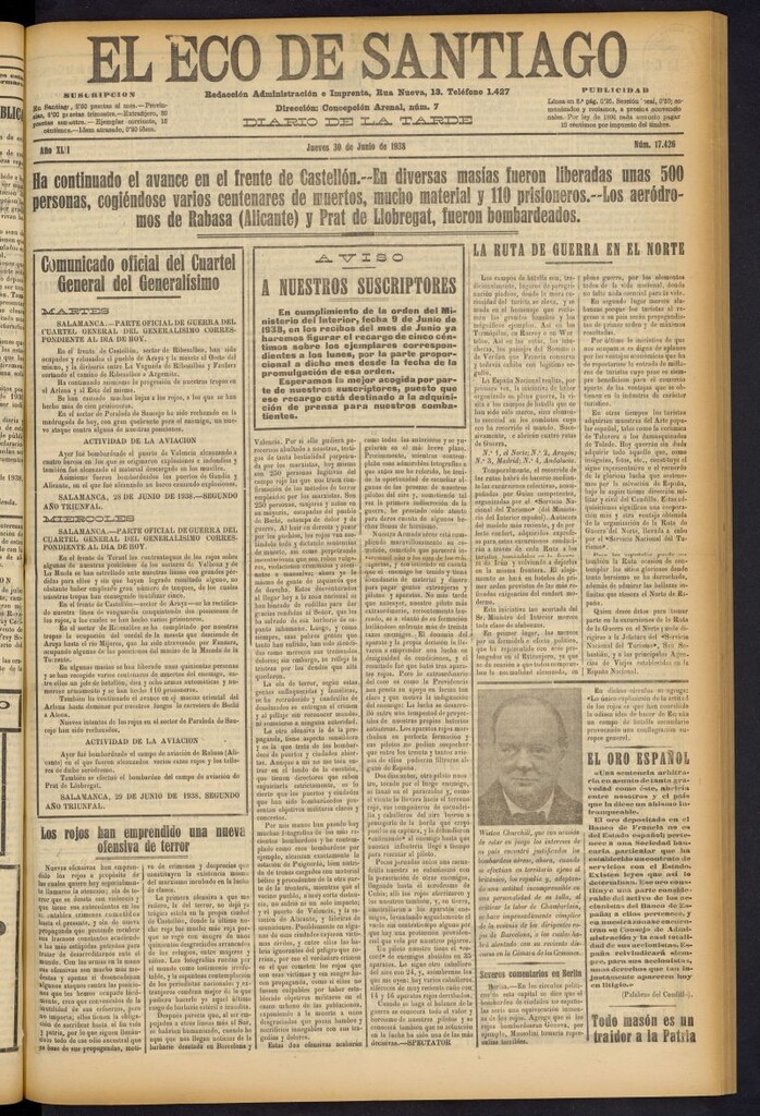 Miniatura de El Eco de Santiago : diario de la tarde del 30 de junio de 1938, nº 17426