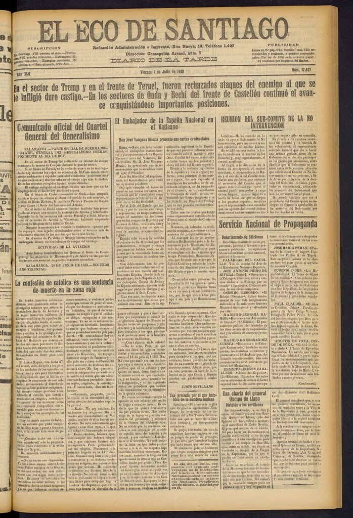 Miniatura de El Eco de Santiago : diario de la tarde del 1 de julio de 1938, nº 17427