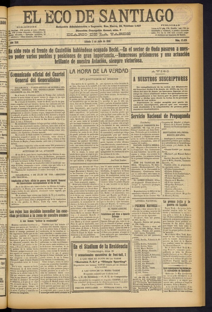 Miniatura de El Eco de Santiago : diario de la tarde del 2 de julio de 1938, nº 17428